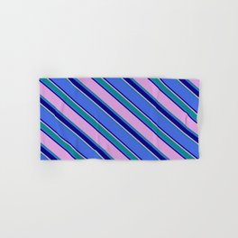 [ Thumbnail: Plum, Dark Cyan, Royal Blue, and Blue Colored Lined Pattern Hand & Bath Towel ]
