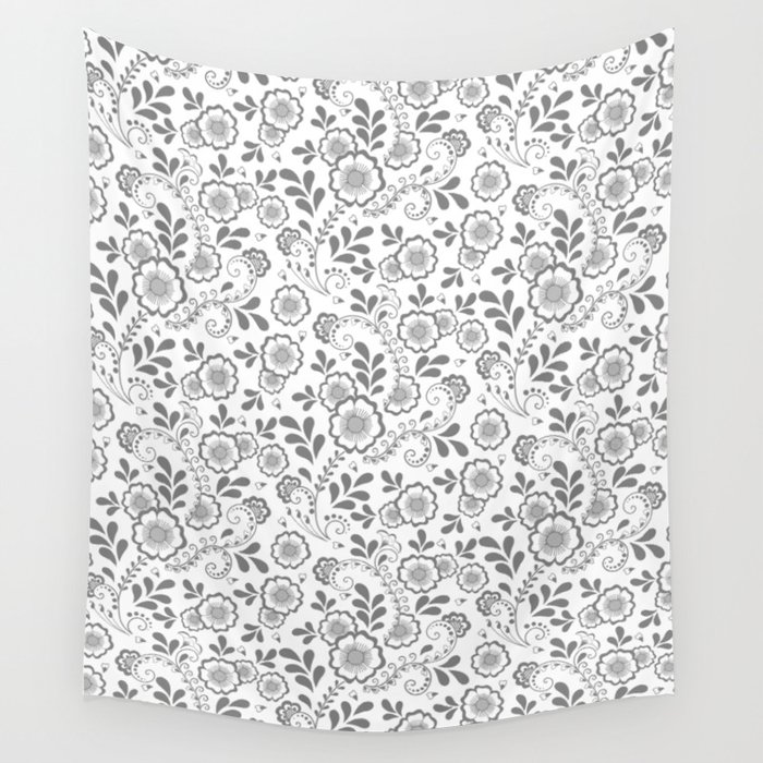 Grey Eastern Floral Pattern  Wall Tapestry
