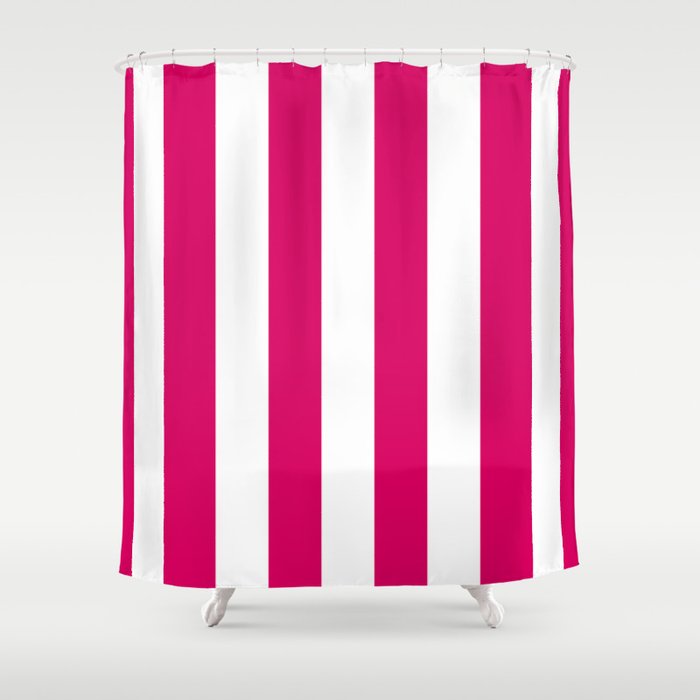 Bright Pink Peacock and White Wide Vertical Cabana Tent Stripe Shower Curtain