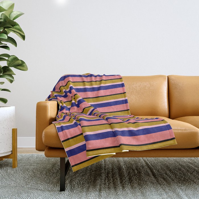 Eye-catching Dark Goldenrod, Pink, Midnight Blue, Light Coral & Black Colored Stripes/Lines Pattern Throw Blanket