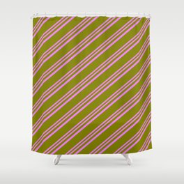 [ Thumbnail: Violet & Green Colored Lines Pattern Shower Curtain ]