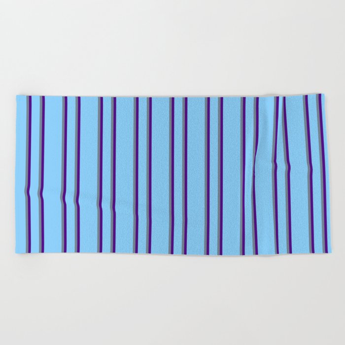 Light Sky Blue, Slate Gray, and Indigo Colored Lines Pattern Beach Towel