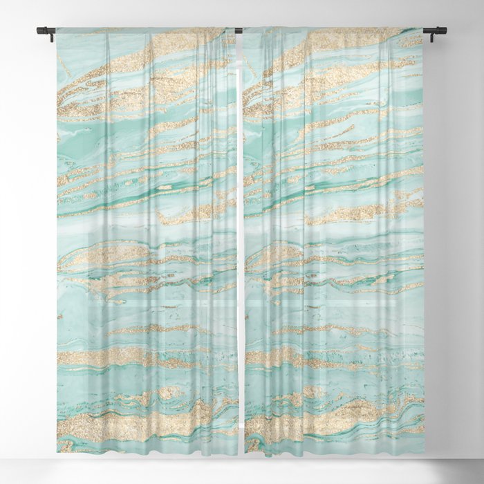 Stylish Mint Gold Abstract Marble Liquid Paint Sheer Curtain