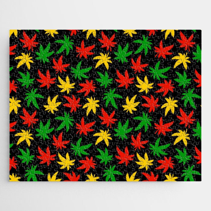 Marijuana hand drawn Rasta pattern. Cannabis leaf wallpaper. Vector illustration. Jigsaw Puzzle