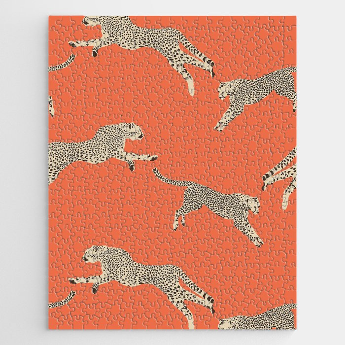 Leaping Cheetahs Tangerine Jigsaw Puzzle