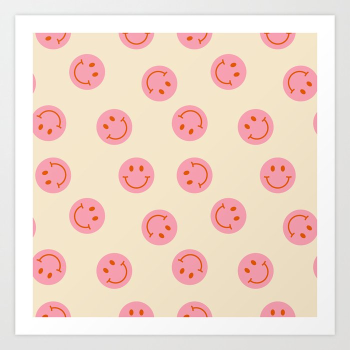 70s Retro Smiley Face Pattern in Beige & Pink Art Print