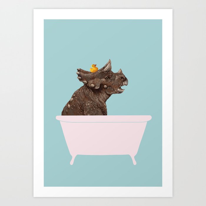 Playful Triceratop in Bathtub Art Print