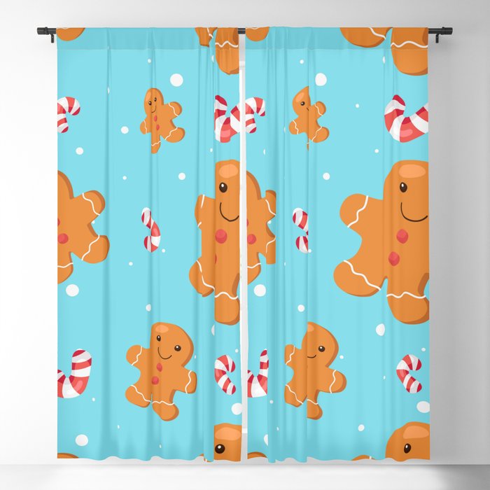 Seamless Pattern Christmas Background with Gingerbread on Blue Background Blackout Curtain