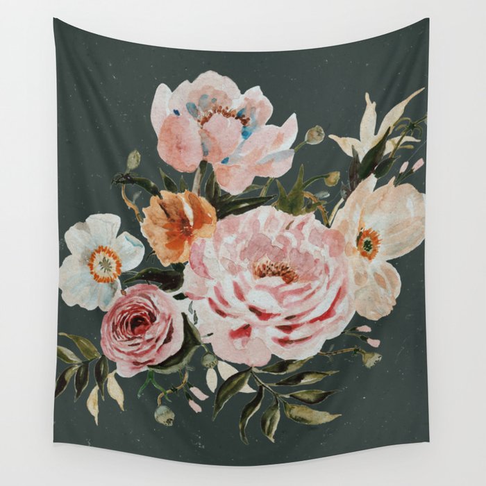 Loose Peonies and Poppies on Vintage Green Wall Tapestry