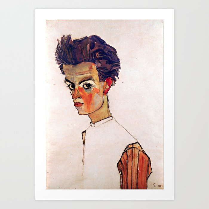 Egon Schiele - Self-Portrait with Striped Shirt 1910 Art Print