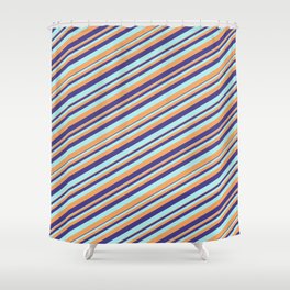 [ Thumbnail: Dark Slate Blue, Turquoise & Brown Colored Stripes/Lines Pattern Shower Curtain ]