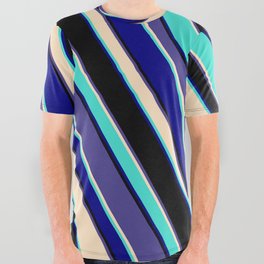 [ Thumbnail: Eye-catching Dark Slate Blue, Bisque, Turquoise, Blue, and Black Colored Lined/Striped Pattern All Over Graphic Tee ]