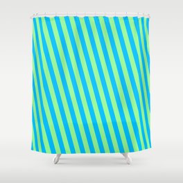 [ Thumbnail: Deep Sky Blue and Green Colored Striped/Lined Pattern Shower Curtain ]
