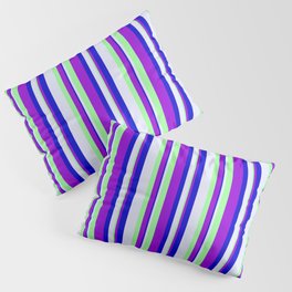 [ Thumbnail: Lavender, Green, Dark Violet, and Blue Colored Lined/Striped Pattern Pillow Sham ]