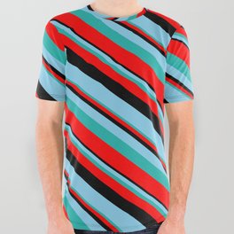 [ Thumbnail: Black, Sky Blue, Light Sea Green & Red Colored Lines/Stripes Pattern All Over Graphic Tee ]