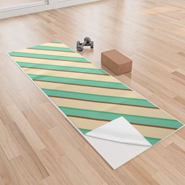 [ Thumbnail: Beige, Sea Green, Aquamarine & Brown Colored Lines Pattern Yoga Towel ]
