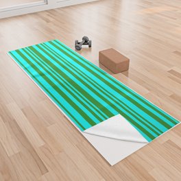 [ Thumbnail: Forest Green & Cyan Colored Striped Pattern Yoga Towel ]