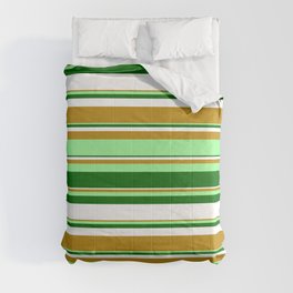 [ Thumbnail: Dark Goldenrod, Green, Dark Green, and White Colored Stripes Pattern Comforter ]