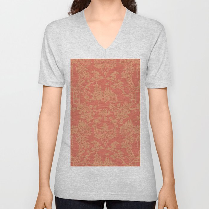 Orange Oriental Pattern V Neck T Shirt