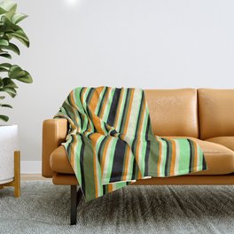[ Thumbnail: Colorful Dark Orange, Light Yellow, Green, Black, and Dark Olive Green Colored Pattern of Stripes Throw Blanket ]