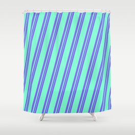 [ Thumbnail: Medium Slate Blue and Aquamarine Colored Lines Pattern Shower Curtain ]