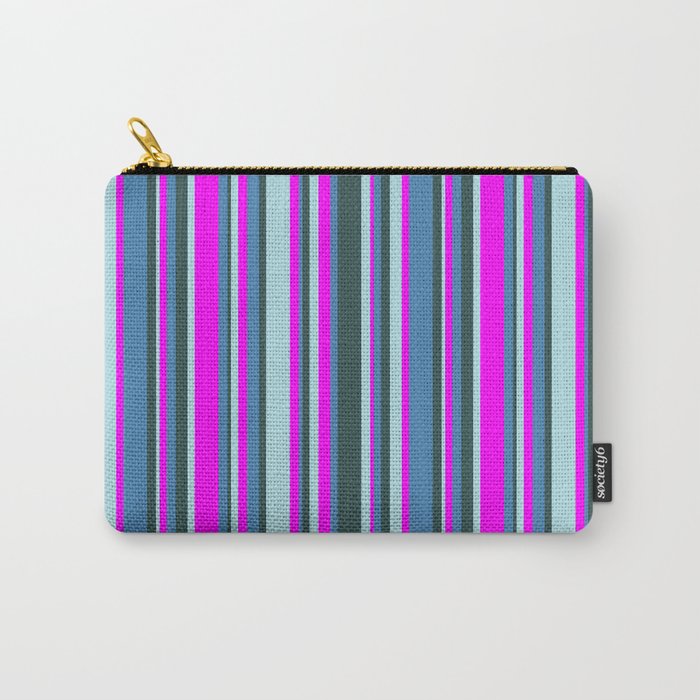 Fuchsia, Blue, Dark Slate Gray, and Powder Blue Colored Lines/Stripes Pattern Carry-All Pouch