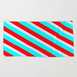 [ Thumbnail: Lavender, Cyan & Red Colored Striped Pattern Beach Towel ]