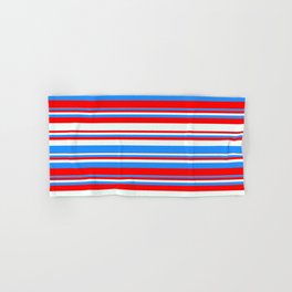 [ Thumbnail: Blue, Red & Mint Cream Colored Stripes Pattern Hand & Bath Towel ]