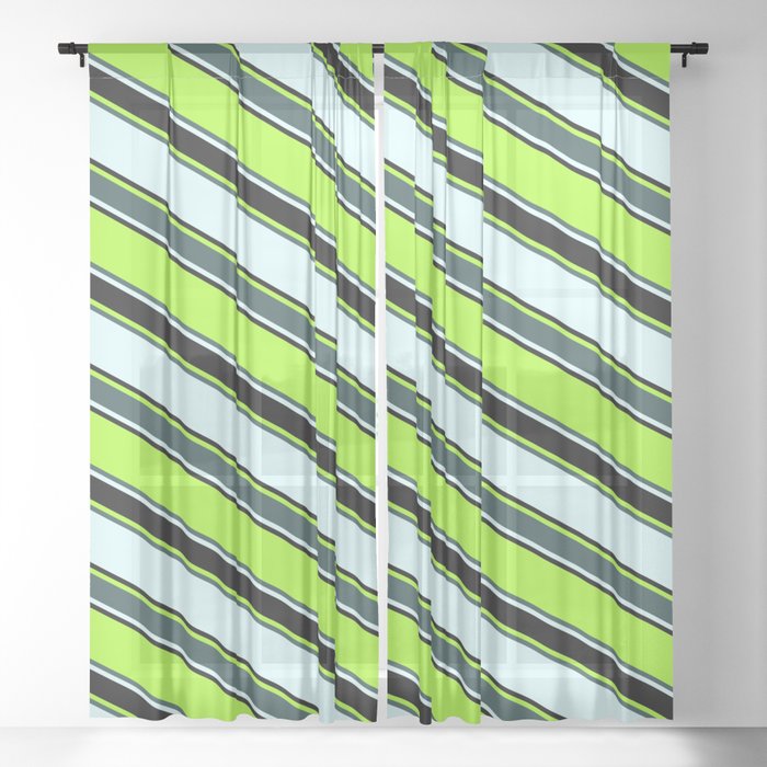 Light Green, Dark Slate Gray, Light Cyan, and Black Colored Striped Pattern Sheer Curtain