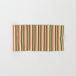 [ Thumbnail: Dark Olive Green, Light Coral, and Pale Goldenrod Colored Lined/Striped Pattern Hand & Bath Towel ]