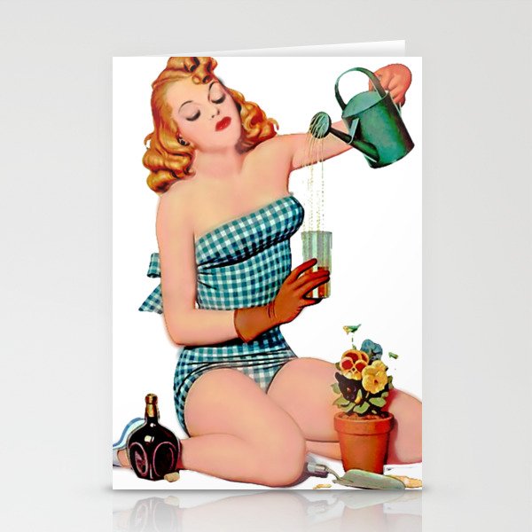 Red Sexy Pinup With Watering Can For Garden Stationery Cards
