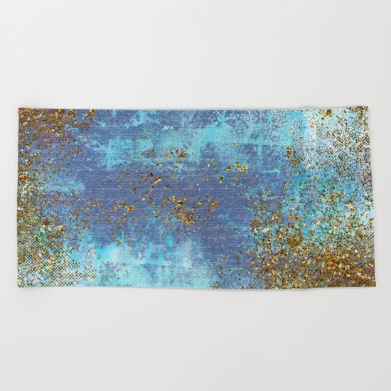 Gold Faux Glitter and Blue Mermaid Sea Foam Beach Towel