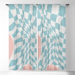 Turquoise checker fabric abstract Sheer Curtain