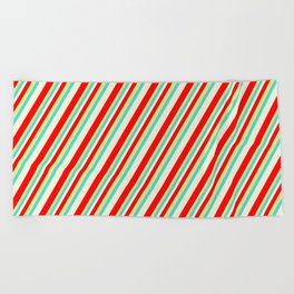 [ Thumbnail: Beige, Red, Tan, and Turquoise Colored Striped Pattern Beach Towel ]