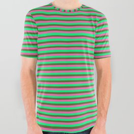 [ Thumbnail: Hot Pink, Green, and Dark Olive Green Colored Striped Pattern All Over Graphic Tee ]