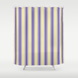 [ Thumbnail: Pale Goldenrod and Slate Blue Colored Striped/Lined Pattern Shower Curtain ]