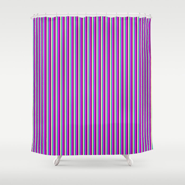 Light Sea Green, Pale Goldenrod, Purple, and Fuchsia Colored Stripes Pattern Shower Curtain