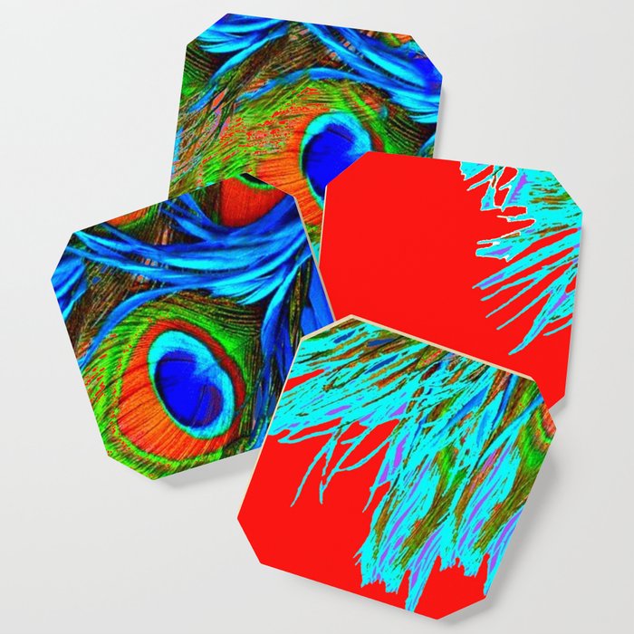 RED MODERN ART BLUEGREEN PEACOCK FEATHER PATTERN Coaster by SharlesArt