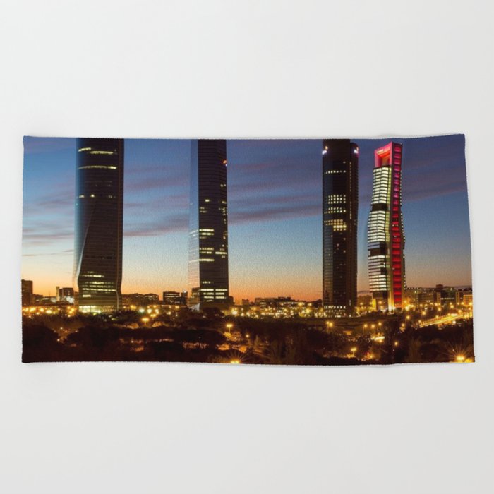 Spain Photography - Four Tall Buildings In Downtown Madrid Beach Towel