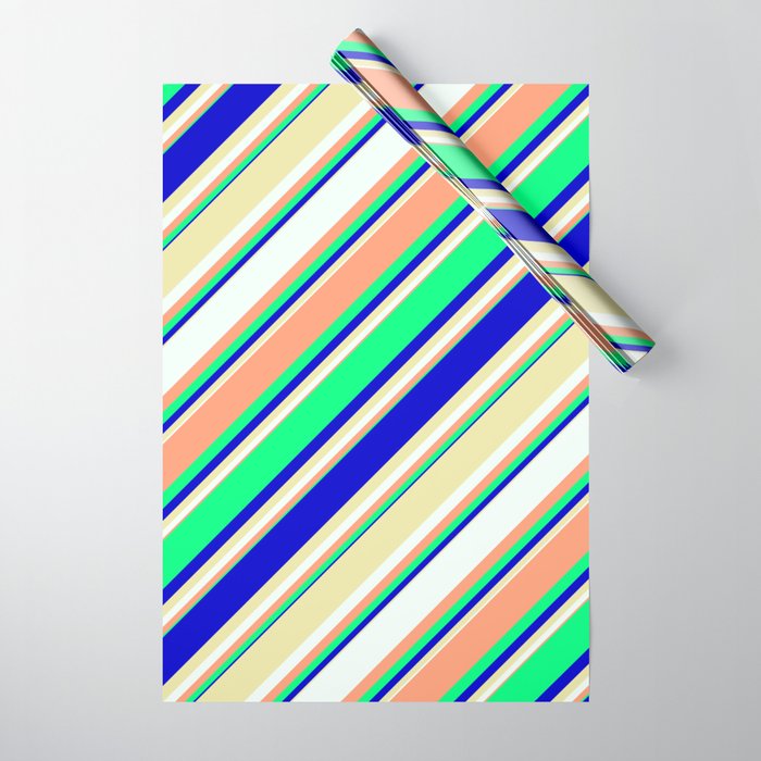 Eyecatching Light Salmon, Green, Blue, Pale Goldenrod, and Mint Cream Colored Lines Pattern Wrapping Paper