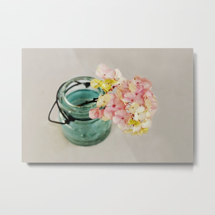 Pink and Yellow Hydrangeas on Taupe Metal Print