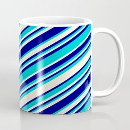 [ Thumbnail: Beige, Blue & Dark Turquoise Colored Striped/Lined Pattern Coffee Mug ]