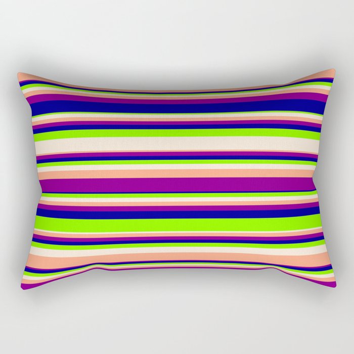 Vibrant Chartreuse, Beige, Light Salmon, Purple & Dark Blue Colored Lines/Stripes Pattern Rectangular Pillow