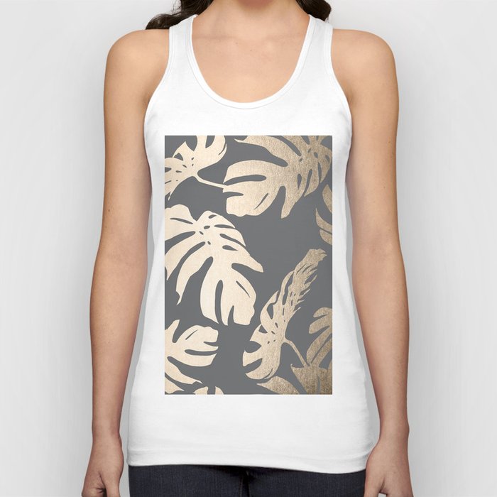 Simply Tropical Palm Leaves White Gold Sands on Storm Gray Tank Top