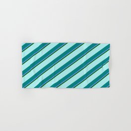 [ Thumbnail: Turquoise, Teal, Cornflower Blue & Dark Green Colored Lined Pattern Hand & Bath Towel ]