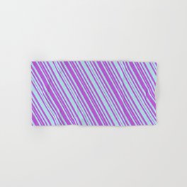 [ Thumbnail: Powder Blue & Orchid Colored Lined Pattern Hand & Bath Towel ]