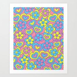Happy Daisy and Heart Pattern, Vibrant Colors, Blue, Yellow, Pink Art Print