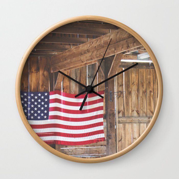 Rural American Flag in a Traditional Rustic Barn Wall Clock