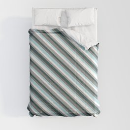 [ Thumbnail: Dark Slate Gray, Grey, Powder Blue, White, and Dark Grey Colored Lined/Striped Pattern Comforter ]