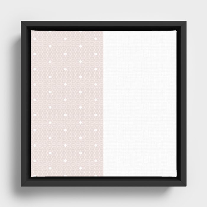 White Polka Dots Lace Vertical Split on Pastel Pale Pink Framed Canvas